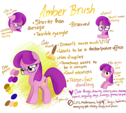 Size: 1900x1700 | Tagged: safe, artist:andromedasparkz, oc, oc:amber brush, earth pony, pony, female, glasses, mare, reference sheet, simple background, text, white background