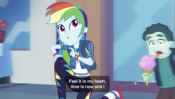 Size: 1334x750 | Tagged: safe, screencap, mint chip, rainbow dash, equestria girls, g4, my little pony equestria girls: better together, run to break free, cute, dashabetes, food, geode of super speed, ice cream, magical geodes, slow motion, subtitles
