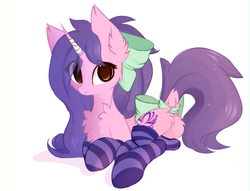 Size: 1636x1252 | Tagged: safe, alternate version, artist:php146, oc, oc only, oc:avici flower, pony, unicorn, g4, bandage, bow, broken horn, butt, chest fluff, clothes, cute, dock, ear fluff, eye clipping through hair, female, fluffy, hair bow, horn, looking at you, mare, plot, sfw version, socks, striped socks, tail bow