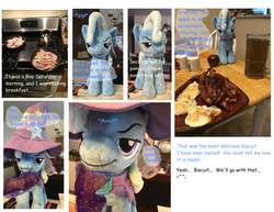 Size: 3300x2550 | Tagged: safe, artist:tbolt, trixie, g4, bacon, comic, food, high res, irl, meat, pancakes, photo, plushie