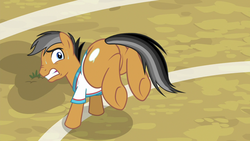 Size: 1280x720 | Tagged: safe, screencap, quibble pants, earth pony, pony, common ground, g4, buckball, bucking, butt, male, plot, plump, quibble butts, solo, stallion, stupid sexy quibble pants, sweat, thick