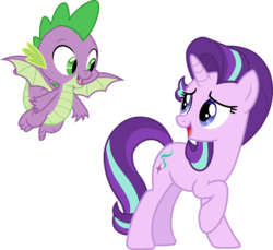 Size: 3279x3000 | Tagged: safe, artist:cloudy glow, artist:illumnious, spike, starlight glimmer, dragon, pony, unicorn, g4, the beginning of the end, .ai available, flying, high res, open mouth, raised hoof, simple background, transparent background, vector, winged spike, wings