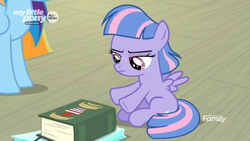 Size: 1366x768 | Tagged: safe, screencap, rainbow dash, wind sprint, pegasus, pony, common ground, g4, book, duo, female, filly, mare, shopping bag, solo focus, unamused