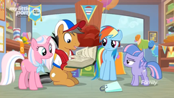 Size: 1366x768 | Tagged: safe, screencap, clear sky, quibble pants, rainbow dash, wind sprint, earth pony, pegasus, pony, unicorn, common ground, g4, balloon, book, cap, clothes, discovery family logo, female, filly, foal, gift shop, hat, male, mare, my little pony logo, shirt, shop, shopping bag, stallion, towel