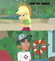 Size: 1280x1436 | Tagged: safe, applejack, timber spruce, equestria girls, g4, my little pony equestria girls: better together, turf war, applespruce, crush, female, lifeguard timber, male, meme, shipping, straight