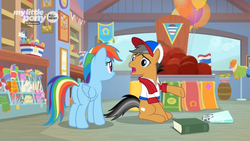 Size: 1366x768 | Tagged: safe, screencap, quibble pants, rainbow dash, earth pony, pegasus, pony, common ground, g4, ball, balloon, banner, barrel, baseball cap, book, butt, candy, cap, clothes, discovery family logo, duo, female, food, gift shop, hat, male, mannequin, mare, my little pony logo, plot, scarf, shirt, shop, stallion