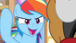 Size: 1366x768 | Tagged: safe, screencap, quibble pants, rainbow dash, earth pony, pegasus, pony, common ground, g4, back of head, duo, faic, female, male, mare, rainbow dash is best facemaker, smiling, stallion