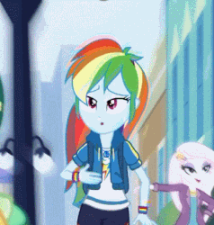 Size: 343x360 | Tagged: safe, screencap, fleur-de-lis, rainbow dash, equestria girls, g4, my little pony equestria girls: better together, run to break free, adorasexy, animated, beautiful, cute, dashabetes, female, geode of super speed, magical geodes, sexy, singing, slow motion, solo focus, talking, walking