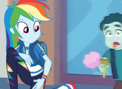 Size: 416x304 | Tagged: safe, screencap, mint chip, rainbow dash, equestria girls, g4, my little pony equestria girls: better together, run to break free, animated, background human, beautiful, cute, dashabetes, dropped ice cream, female, food, ice cream, male, slow motion, tongue out