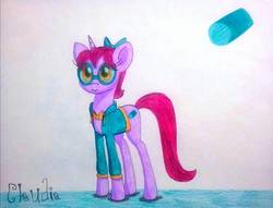 Size: 1166x892 | Tagged: safe, artist:dialysis2day, oc, oc only, oc:claudia, pony, unicorn, bowtie, clothes, female, glasses, mare, shirt, solo, traditional art