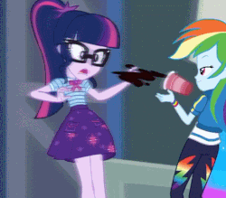 Size: 457x400 | Tagged: safe, screencap, rainbow dash, sci-twi, twilight sparkle, equestria girls, g4, my little pony equestria girls: better together, run to break free, animated, bullet time, cute, dashabetes, drink, duo, female, geode of super speed, geode of telekinesis, glasses, magical geodes, motion blur, rainbow trail, running, slow motion, twiabetes