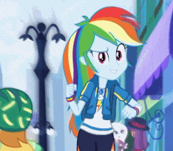 Size: 457x400 | Tagged: safe, screencap, rainbow dash, equestria girls, g4, my little pony equestria girls: better together, run to break free, adorasexy, animated, beautiful, bullet time, cute, dashabetes, female, geode of super speed, looking at you, magical geodes, pose, sexy, singing, slow motion, solo focus, talking, walking