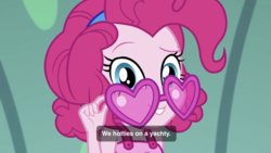 Size: 2208x1242 | Tagged: safe, screencap, pinkie pie, equestria girls, g4, i'm on a yacht, my little pony equestria girls: better together, close-up, closed captioning, cute, diapinkes, female, glasses, heart shaped glasses, looking at you, smiling, solo, subtitles, sunglasses, you know for kids