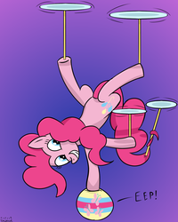 Size: 1000x1250 | Tagged: safe, artist:tazool, fluttershy, pinkie pie, earth pony, pony, g4, acrobatics, balancing, ball, cute, eep, female, flutterball, hoof stand, implied transformation, inanimate object, looking up, plate spinning, silly, simple background, spinning, standing, standing on one leg