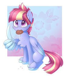 Size: 1280x1408 | Tagged: safe, artist:puetsua, oc, oc only, oc:shooting star, pegasus, pony, commission, cookie, female, food, magical lesbian spawn, mare, mouth hold, offspring, parent:twilight sparkle, parent:windy whistles, parents:twindy, solo, thumbs up, wing hands