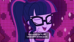 Size: 2208x1242 | Tagged: safe, screencap, sci-twi, twilight sparkle, equestria girls, equestria girls series, g4, i'm on a yacht, spoiler:eqg series (season 2), cute, eyes closed, female, glasses, neon eg logo, solo, subtitles, they just didn't care, twiabetes, you had one job