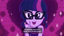 Size: 2208x1242 | Tagged: safe, screencap, sci-twi, twilight sparkle, equestria girls, g4, i'm on a yacht, my little pony equestria girls: better together, cute, female, glasses, looking at you, neon eg logo, solo, subtitles, twiabetes, you had one job