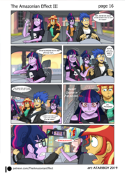Size: 1697x2367 | Tagged: safe, artist:atariboy2600, artist:bluecarnationstudios, flash sentry, sci-twi, sunset shimmer, twilight sparkle, comic:the amazonian effect, comic:the amazonian effect iii, equestria girls, g4, car, comic, red eyes
