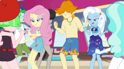 Size: 600x338 | Tagged: safe, screencap, captain planet, drama letter, fluttershy, octavia melody, paisley, trixie, valhallen, watermelody, equestria girls, equestria girls series, g4, i'm on a yacht, spoiler:eqg series (season 2), animated, armpits, background human, beret, clothes, cute, dancing, diatrixes, female, geode of fauna, gif, hat, legs, magical geodes, male, male nipples, midriff, moonwalk, nipples, partial nudity, sarong, sexy, shorts, shyabetes, swimming trunks, swimsuit, tavibetes, topless