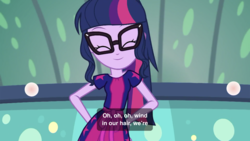 Size: 2208x1242 | Tagged: safe, screencap, sci-twi, twilight sparkle, equestria girls, g4, i'm on a yacht, my little pony equestria girls: better together, cute, eyes closed, glasses, hand on hip, ponytail, subtitles, twiabetes