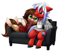 Size: 1920x1688 | Tagged: safe, artist:centchi, oc, oc only, oc:axel rose, oc:sheriff pinto, pony, clothes, coffee, female, hoodie, male, mare, plaid shirt, simple background, stallion, transparent background