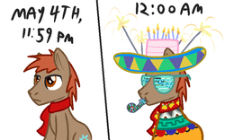 Size: 800x500 | Tagged: safe, artist:wydart, oc, oc:winterlight, earth pony, pony, cake, celebration, cinco de mayo, clothes, food, goofy, holiday, mexico, party horn, poncho, scarf, silly, silly pony, sombrero
