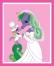 Size: 4123x5008 | Tagged: safe, artist:supra80, mane-iac, spike, anthro, g4, clothes, crack shipping, dress, ear piercing, earring, hat, imminent kissing, jewelry, kissing, lipstick, male, marriage, necklace, photoshop, piercing, ring, ship:spike-iac, shipping, size difference, smaller male, tiara, top hat, wedding, wedding dress, wedding ring, wedding veil