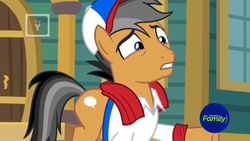 Size: 1366x768 | Tagged: safe, screencap, quibble pants, earth pony, pony, common ground, g4, cap, clothes, discovery family logo, hat, male, shirt, solo, stallion, towel, tv rating, tv-y