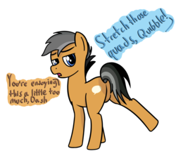 Size: 3712x3292 | Tagged: safe, artist:czu, quibble pants, rainbow dash, earth pony, pony, g4, butt, dialogue, featureless crotch, high res, looking back, male, offscreen character, plot, stallion, stretching