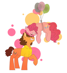 Size: 2300x2500 | Tagged: safe, artist:glitterstar2000, cheese sandwich, pinkie pie, earth pony, pony, g4, abstract background, balloon, female, floating, high res, male, mare, ship:cheesepie, shipping, stallion, straight, then watch her balloons lift her up to the sky