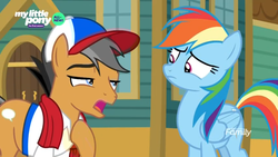 Size: 1366x768 | Tagged: safe, screencap, quibble pants, rainbow dash, earth pony, pegasus, pony, common ground, g4, clothes, discovery family logo, hat, shirt, towel