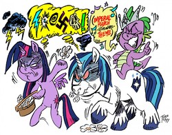 Size: 1280x1005 | Tagged: safe, artist:grotezco, shining armor, spike, twilight sparkle, alicorn, dragon, pony, unicorn, g4, sparkle's seven, bipedal, censored vulgarity, crown, dragons riding ponies, female, flower, grawlixes, hard-won helm of the sibling supreme, horseback ride, jewelry, male, mare, rage, reference, regalia, riding, sibling rivalry, simple background, singing, stallion, stormcloud, swastika, swearing, thought bubble, twilight sparkle (alicorn), white background
