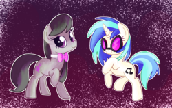Size: 1700x1076 | Tagged: safe, artist:andromedasparkz, dj pon-3, octavia melody, vinyl scratch, earth pony, pony, unicorn, g4, abstract background, female, mare, raised leg, rearing, request, smiling