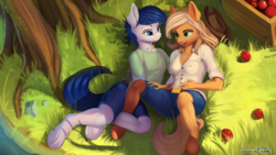 Size: 1920x1080 | Tagged: safe, artist:discordthege, applejack, oc, oc:constance everheart, earth pony, anthro, unguligrade anthro, g4, anthro oc, apple, breasts, canon x oc, chest fluff, cleavage fluff, clothes, commission, everjack, female, food, fruit, haystick, looking at each other, male, mare, open mouth, orchard, paywalled alternate version, shipping, shorts, stallion, straight, tree trunk