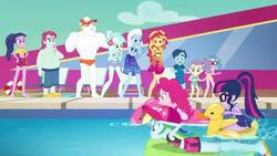 Size: 1366x768 | Tagged: safe, screencap, baewatch, bulk biceps, henry handle, lily pad (g4), lyra heartstrings, manestrum, meal ticket, pinkie pie, rainbow dash, sci-twi, sunset shimmer, technicolor waves, trixie, twilight sparkle, equestria girls, equestria girls series, g4, i'm on a yacht, spoiler:eqg series (season 2), background human, belly button, bikini, clothes, floaty, geode of empathy, geode of shielding, geode of sugar bombs, geode of super speed, geode of super strength, geode of telekinesis, inflatable, inflatable toy, magical geodes, male, male nipples, midriff, nipples, nudity, pool toy, racing, raft, riding, sarong, sky, swimming pool, swimsuit, tankini