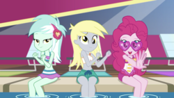 Size: 2208x1242 | Tagged: safe, screencap, derpy hooves, lyra heartstrings, pinkie pie, equestria girls, g4, i'm on a yacht, my little pony equestria girls: better together, bikini, bikini top, clothes, cute, derpabetes, diapinkes, female, glasses, heart shaped glasses, lyrabetes, one-piece swimsuit, sleeveless, sunglasses, swimming pool, swimsuit, trio, trio female, vip