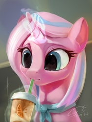 Size: 3072x4096 | Tagged: safe, artist:louislithium, clear sky, pony, unicorn, common ground, g4, cute, cute sky, digital painting, drink, female, glowing horn, high res, horn, magic, mare, scene interpretation, signature, solo, straw, telekinesis