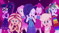 Size: 600x338 | Tagged: safe, screencap, applejack, fluttershy, pinkie pie, rainbow dash, rarity, sci-twi, sunset shimmer, twilight sparkle, equestria girls, g4, i'm on a yacht, my little pony equestria girls: better together, animated, female, humane five, humane seven, humane six, lidded eyes, looking at you, neon eg logo