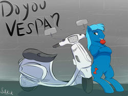 Size: 1600x1200 | Tagged: safe, artist:sidekick, oc, oc only, earth pony, pony, apple, bipedal, food, leaning, male, moped, mouth hold, solo, stallion, standing, text, vespa