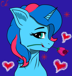 Size: 2785x2953 | Tagged: safe, artist:keshakadens, oc, oc only, oc:paradise sparkle, pony, unicorn, abstract background, bust, female, flower, flower in mouth, heart, high res, mare, rose, rose in mouth, solo
