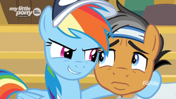 Size: 1366x768 | Tagged: safe, screencap, quibble pants, rainbow dash, earth pony, pegasus, pony, common ground, g4, cap, coach rainbow dash, discovery family logo, frown, hat, headband, smiling