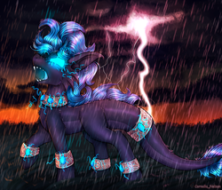 Size: 3500x3000 | Tagged: safe, alternate version, artist:cornelia_nelson, oc, oc only, dracony, dragon, hybrid, pony, angry, bracelet, gem, glowing, glowing eyes, high res, jewelry, lightning, long tail, male, necklace, open mouth, ponified, rain, solo, storm