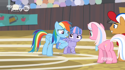 Size: 1366x768 | Tagged: safe, screencap, clear sky, quibble pants, wind sprint, earth pony, pegasus, pony, unicorn, common ground, g4, baseball cap, butt, cap, discovery family logo, female, field, filly, foal, hat, mare, nudge, outdoors, plot, raised hoof, skybutt, stadium