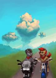 Size: 743x1024 | Tagged: safe, artist:johling, earth pony, pony, cloud, duo, motorcycle