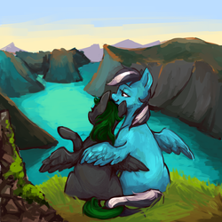 Size: 1024x1024 | Tagged: safe, artist:johling, oc, pegasus, pony, cliff, duo, hug, scenery, water, winghug