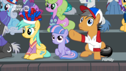 Size: 1920x1080 | Tagged: safe, screencap, berry punch, berryshine, buddy, caramel, daisy, dark moon, flower wishes, graphite, linky, pokey pierce, quibble pants, shoeshine, sunshower raindrops, wind sprint, earth pony, pegasus, pony, common ground, g4, bleachers, clothes, discovery family logo, male, pointing, sitting, stallion