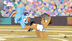 Size: 1366x768 | Tagged: safe, screencap, quibble pants, rainbow dash, earth pony, pegasus, pony, common ground, g4, audience, cap, clothes, coach rainbow dash, crowd, discovery family logo, field, hat, rainbow, shirt, sports outfit, stadium, stretching