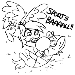 Size: 1650x1650 | Tagged: safe, artist:tjpones, quibble pants, rainbow dash, earth pony, pegasus, pony, common ground, g4, ball, baseball cap, black and white, cap, dialogue, duo, female, flying, grayscale, hat, hoof hold, male, mare, monochrome, oof, quibbuse, simple background, sports, sportsball, spread wings, stallion, this will end in pain, this will end in tears, white background, wings