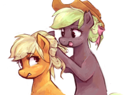 Size: 1024x768 | Tagged: safe, artist:johling, applejack, oc, earth pony, pony, g4, accessory theft, duo, hat, simple background, tongue out, transparent background