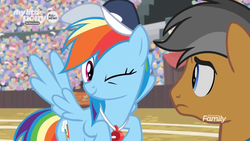 Size: 1366x768 | Tagged: safe, screencap, quibble pants, rainbow dash, earth pony, pegasus, pony, common ground, g4, audience, coach rainbow dash, crowd, discovery family logo, field, one eye closed, stadium, wink